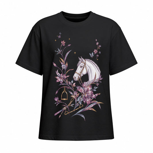 Vintage Floral White Horse Cotton T‑Shirt