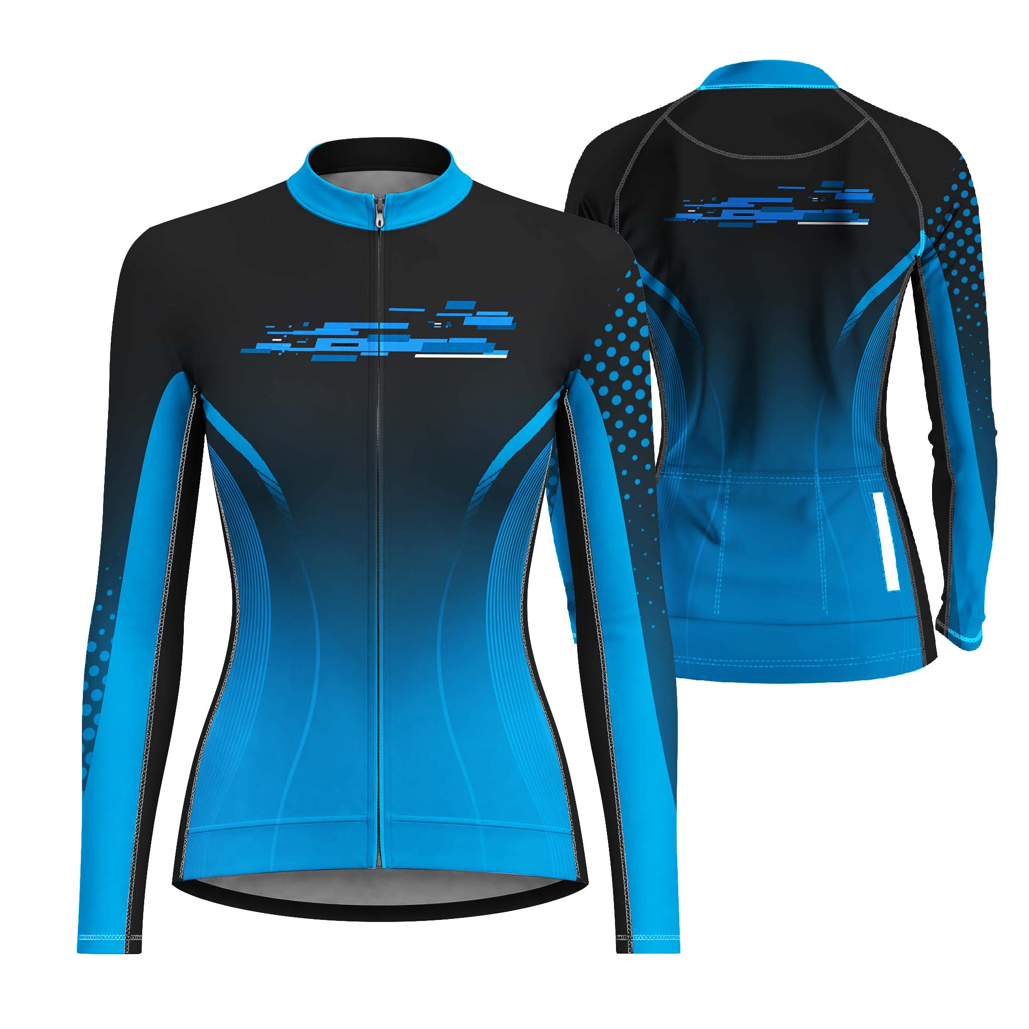 Dual front and back flat layout of ladies long sleeve black-to-cyan gradient geometric full zip bike jersey isolated white background
