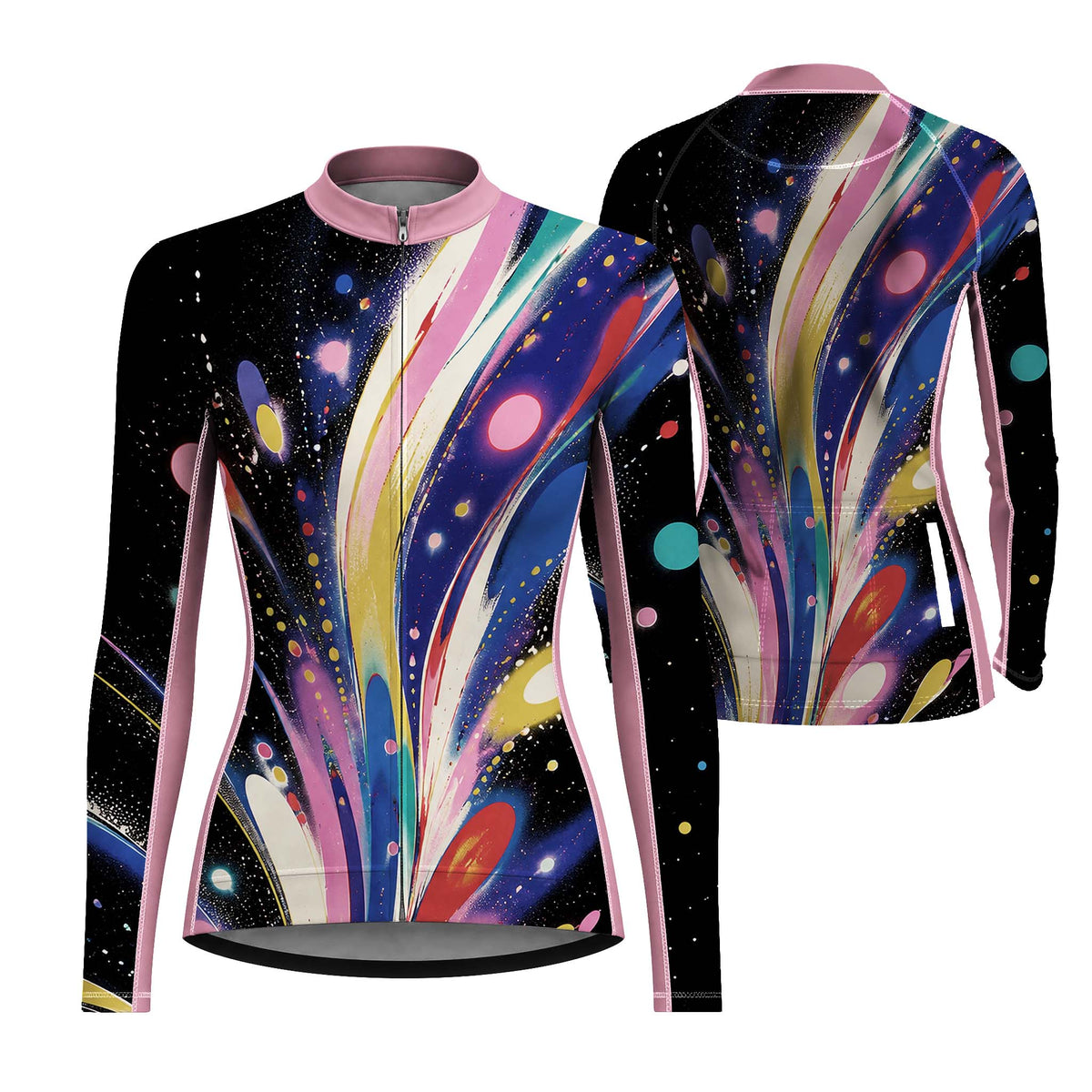 Back flat lay of women full zip cycling jersey complete cosmic nebula galaxy print, rear storage pocket and reflective strip detail white background
