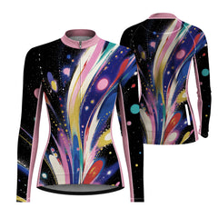 Back flat lay of women full zip cycling jersey complete cosmic nebula galaxy print, rear storage pocket and reflective strip detail white background
