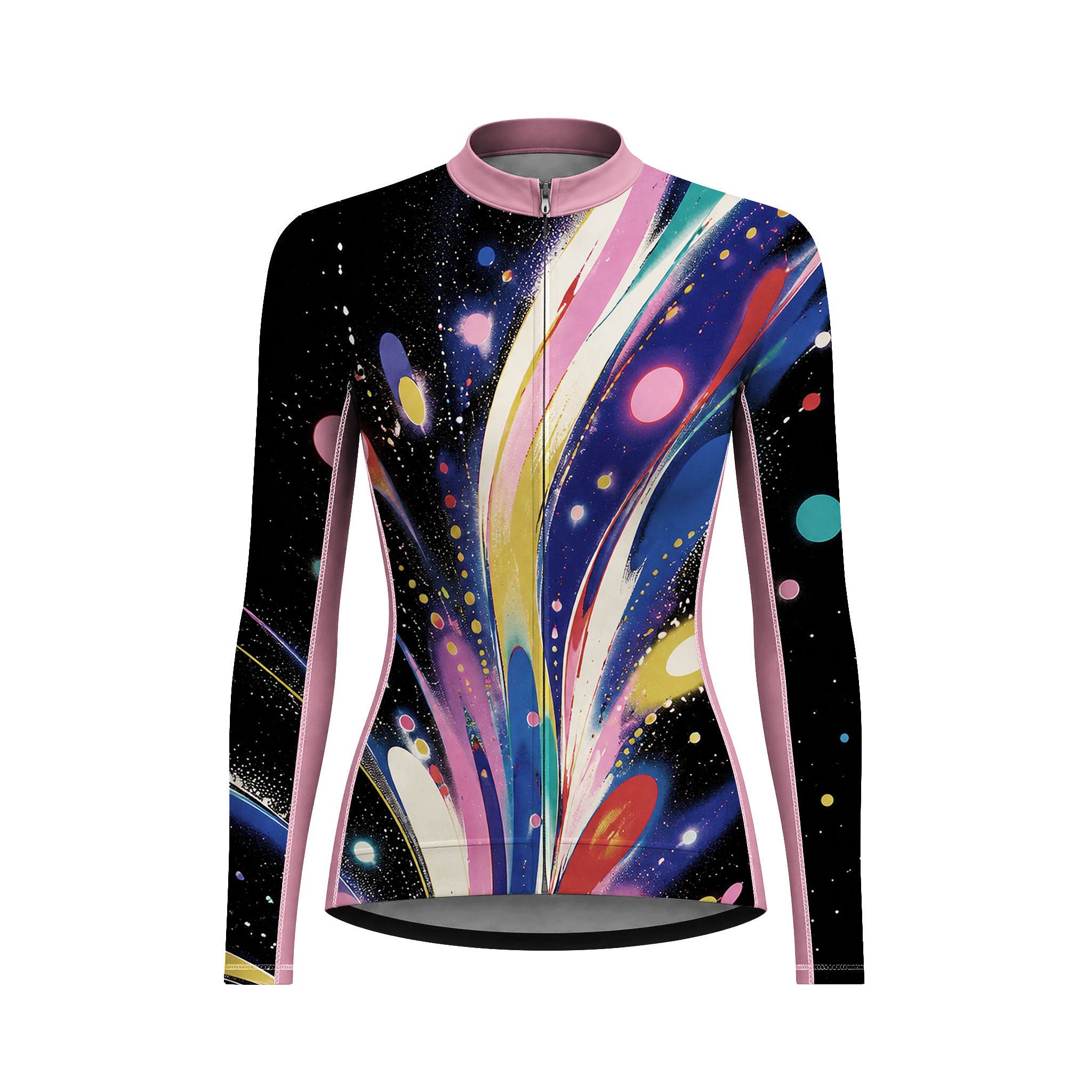 Front view flat shot of women full zip long sleeve cycling jersey with black base, colorful nebula planet stardust galaxy print, blush pink collar isolated white background
