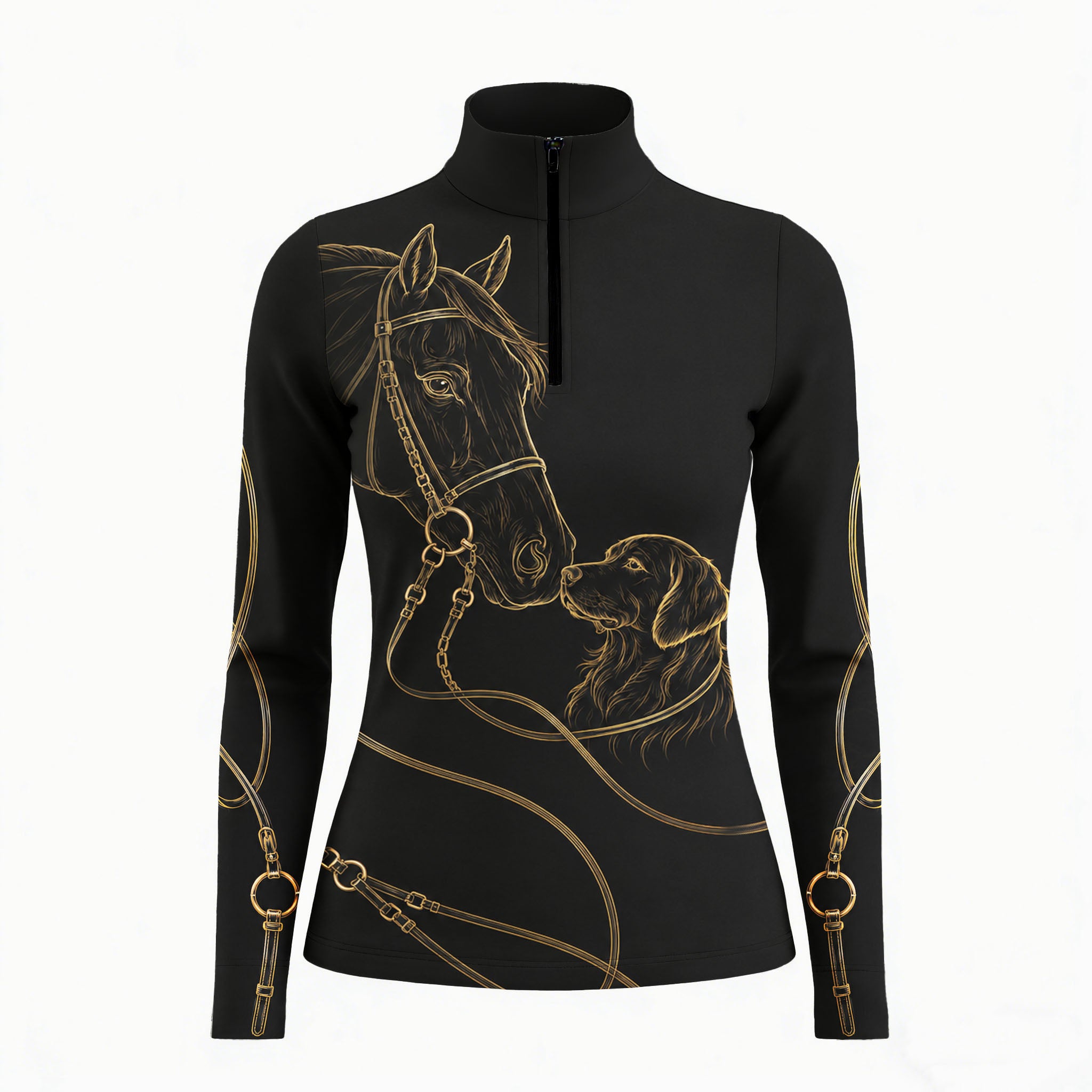 White background studio shot of full allover solid black shimmer gold line art bridled horse golden retriever bridle rein hardware long sleeve quarter zip riding top
