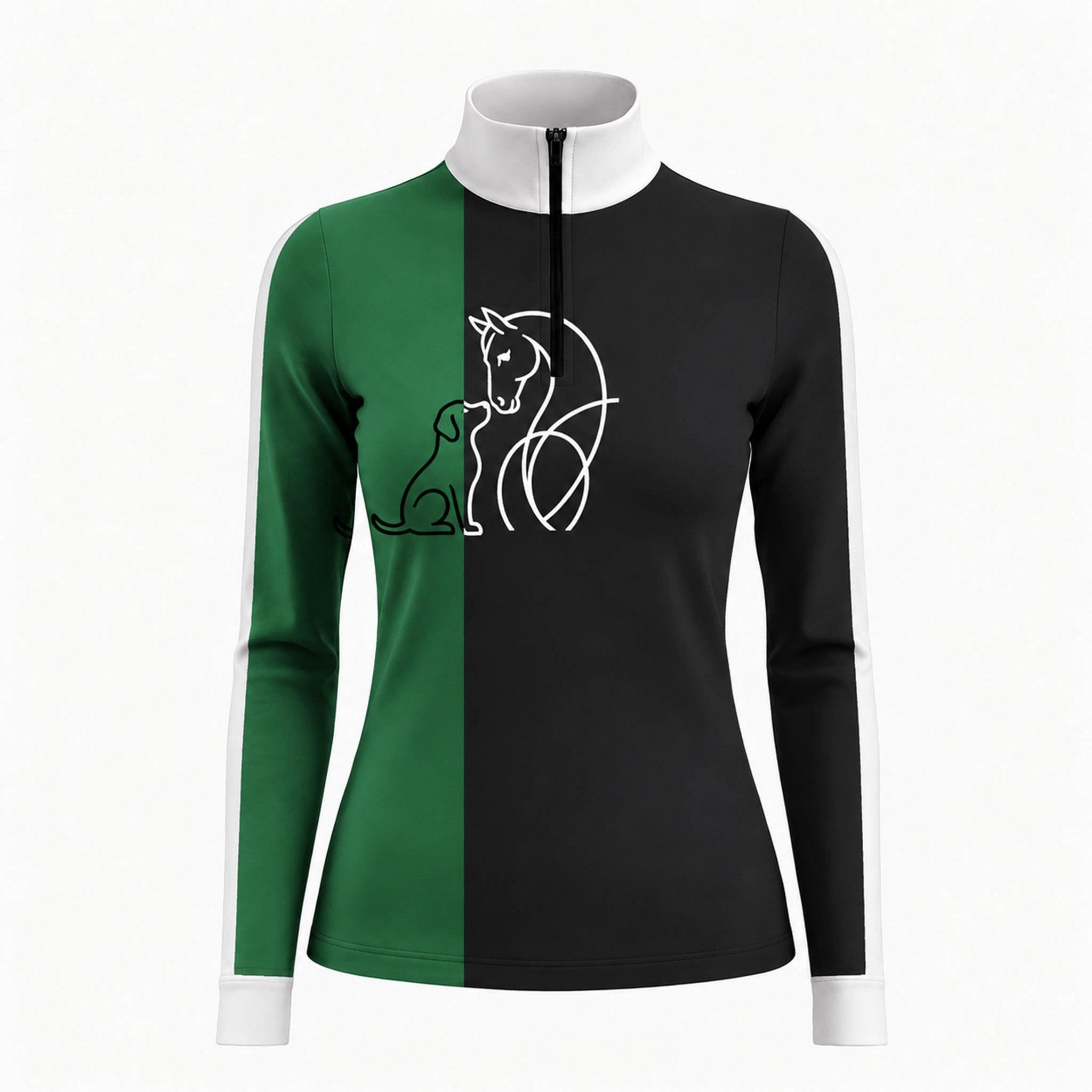 Clean white background studio product mockup of black forest green color block horse & dog line art long sleeve riding top