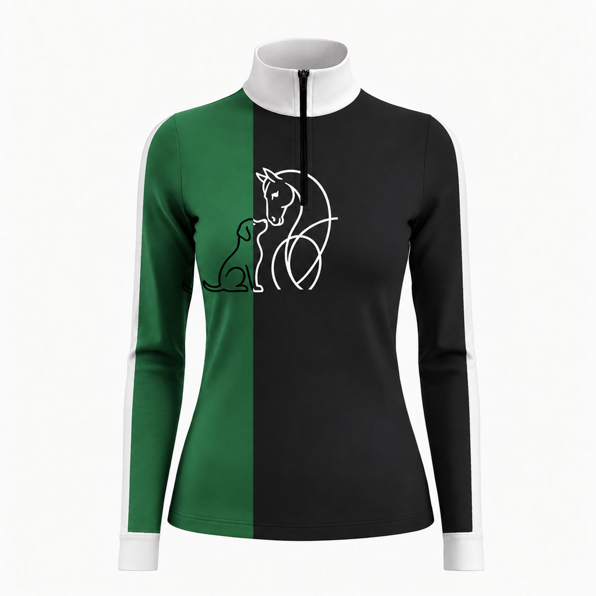 Clean white background studio product mockup of black forest green color block horse & dog line art long sleeve riding top