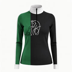 Clean white background studio product mockup of black forest green color block horse & dog line art long sleeve riding top