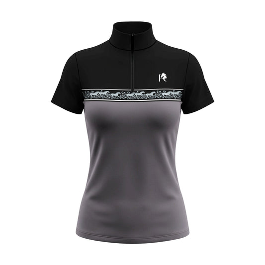 White background studio product shot of full black grey two-tone color block galloping horse vine border K logo print short sleeve quarter-zip riding top
