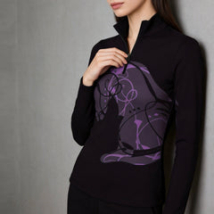 Soft grey interior wall shot focusing on zipper and front abstract purple horse graphic on black long sleeve quarter-zip riding top