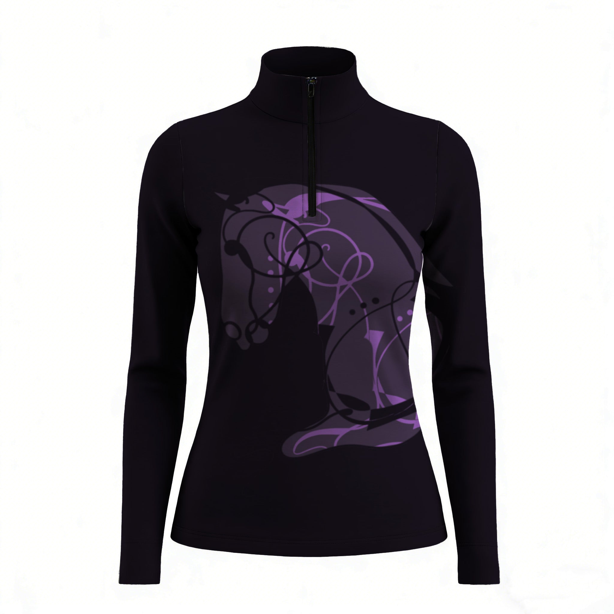 Clean white background studio product mockup shot of full black base abstract purple line art sitting horse front print long sleeve quarter-zip riding top