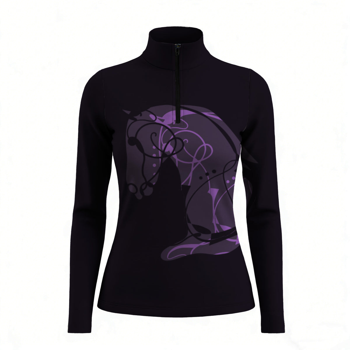 Clean white background studio product mockup shot of full black base abstract purple line art sitting horse front print long sleeve quarter-zip riding top