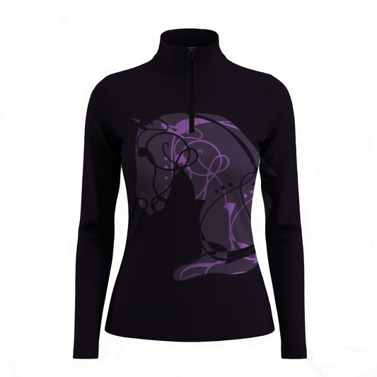 Clean white background studio product mockup shot of full black base abstract purple line art sitting horse front print long sleeve quarter-zip riding top