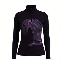 Clean white background studio product mockup shot of full black base abstract purple line art sitting horse front print long sleeve quarter-zip riding top