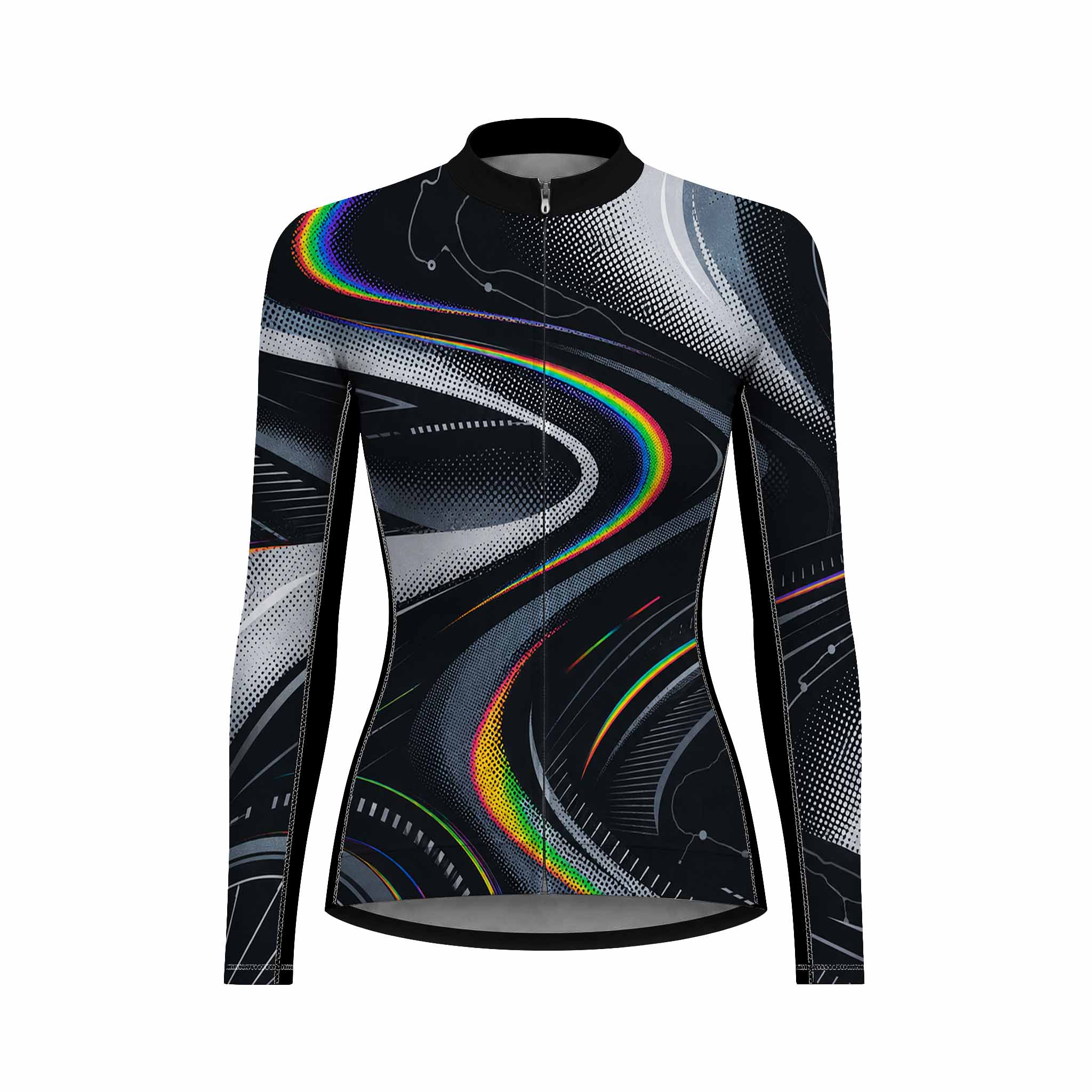 Front view flat shot of women full zip long sleeve racing cycling jersey with black base, rainbow swirl curve and grey halftone tech print, black collar isolated white background
