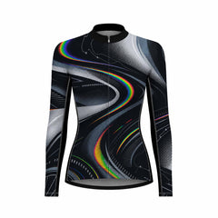 Front view flat shot of women full zip long sleeve racing cycling jersey with black base, rainbow swirl curve and grey halftone tech print, black collar isolated white background
