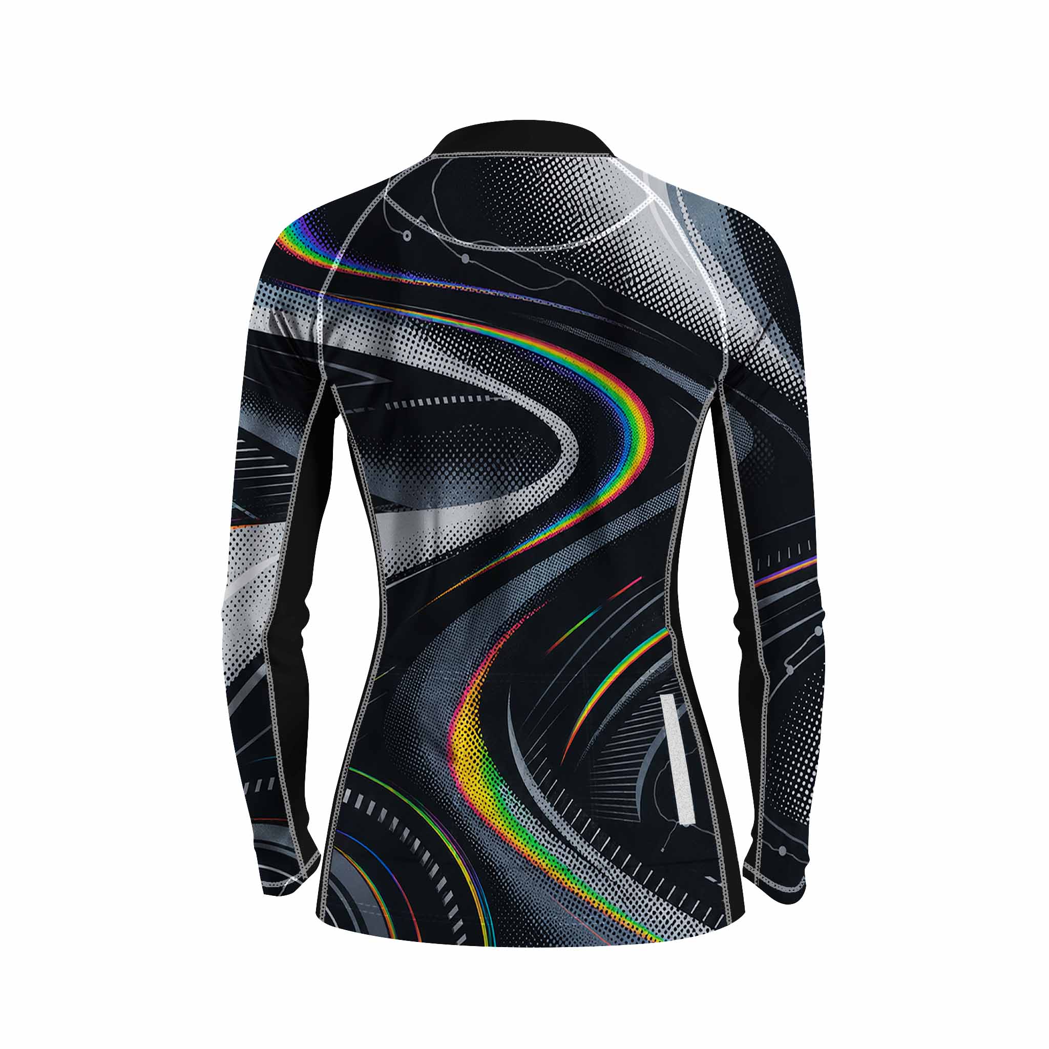 Back flat lay of women full zip racing cycling jersey full rainbow swirl halftone tech print, rear storage pocket and reflective strip detail white background
