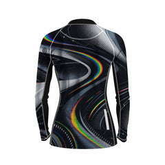 Back flat lay of women full zip racing cycling jersey full rainbow swirl halftone tech print, rear storage pocket and reflective strip detail white background
