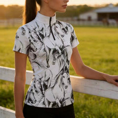 Golden‑hour pasture lifestyle side shot of female equestrian leaning on wooden fence wearing white short‑sleeve quarter‑zip riding top with all‑over black sketch galloping horse print