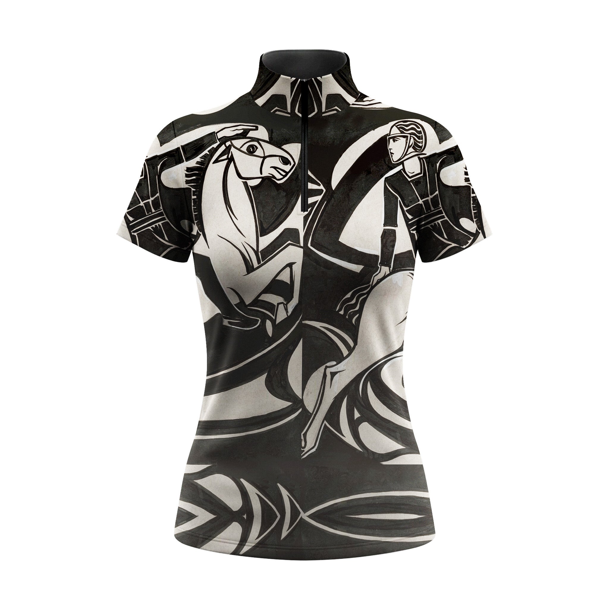 Close-up shot of model adjusting the black half-zip stand collar of the Art Deco monochrome equestrian short sleeve riding top at sunny pasture grounds

