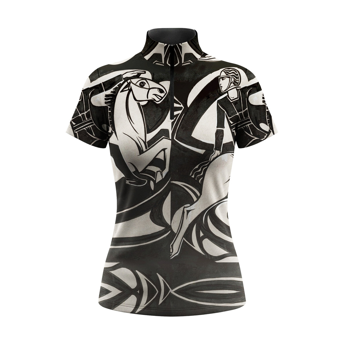 Close-up shot of model adjusting the black half-zip stand collar of the Art Deco monochrome equestrian short sleeve riding top at sunny pasture grounds
