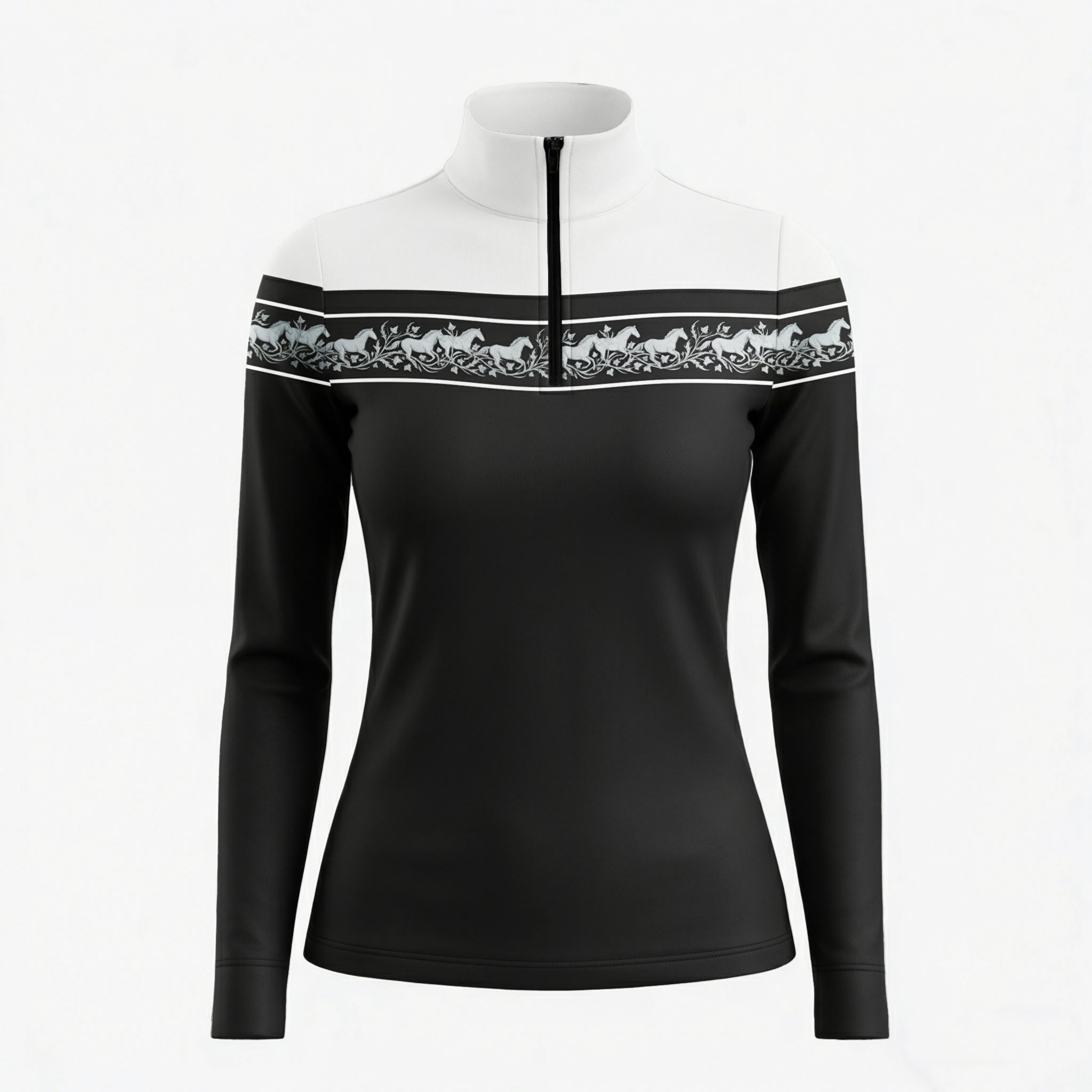 White background studio shot of two-tone black white color block light grey galloping horse vine border stripe long sleeve quarter zip riding top
