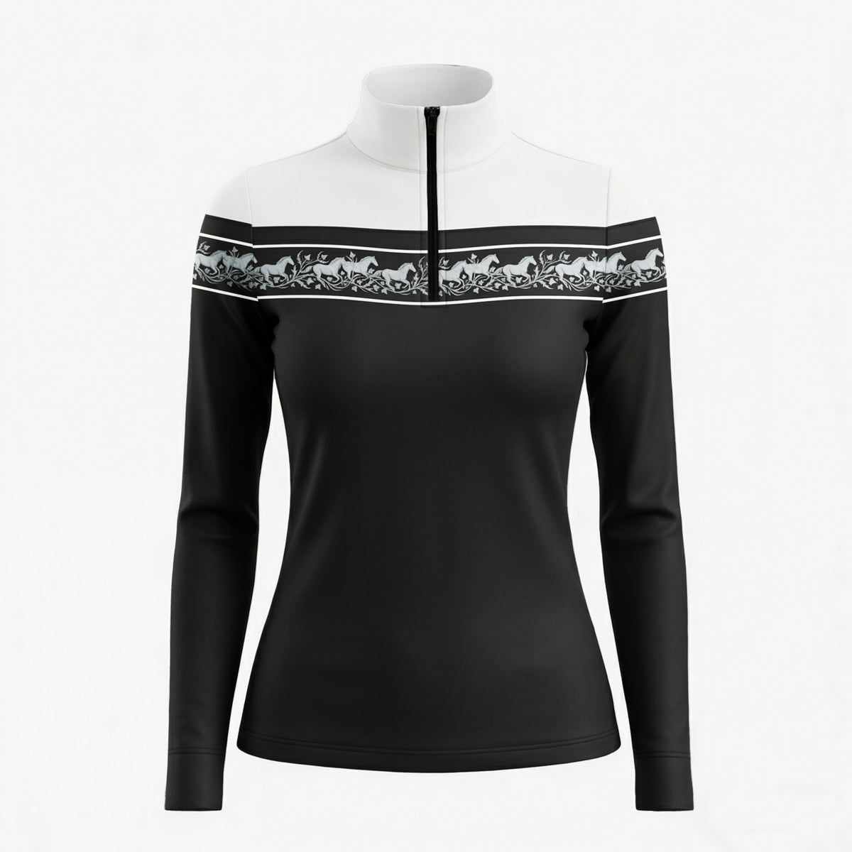 White background studio shot of two-tone black white color block light grey galloping horse vine border stripe long sleeve quarter zip riding top
