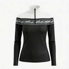 White background studio shot of two-tone black white color block light grey galloping horse vine border stripe long sleeve quarter zip riding top
