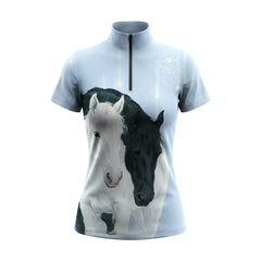 Studio flat view of the Black & White Horse Portrait Print Short-Sleeve Quarter-Zip Riding Top, showcasing the full print details
