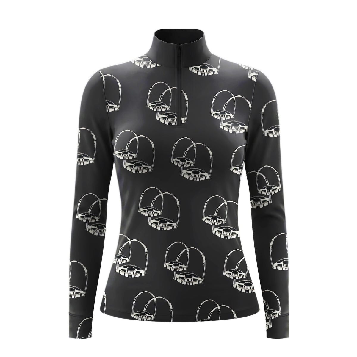 Model standing beside brown horse’s head wearing monochrome sketch stirrup hardware long sleeve riding top against light grey stable wall
