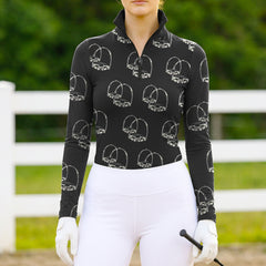 White background studio shot of full allover solid black white line sketch paired riding stirrup iron monochrome long sleeve quarter zip riding top
