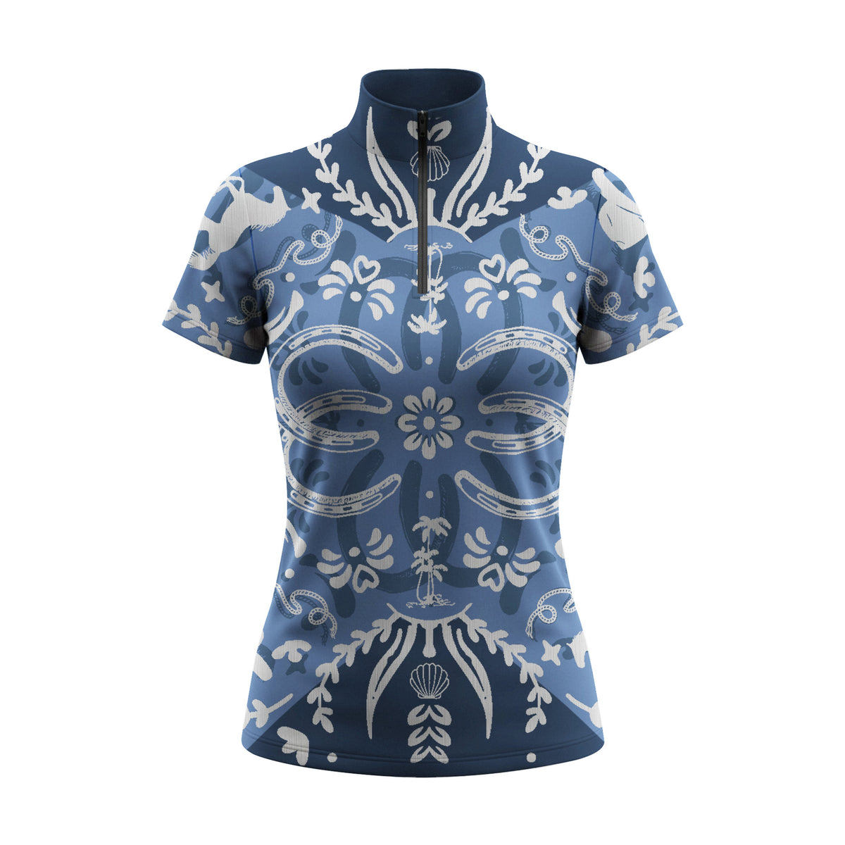 Studio flat view of the Blue Bandana-Style Horseshoe Print Short-Sleeve Quarter-Zip Riding Top, showcasing the full print details
