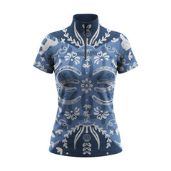 Studio flat view of the Blue Bandana-Style Horseshoe Print Short-Sleeve Quarter-Zip Riding Top, showcasing the full print details
