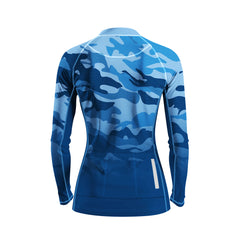 Back flat lay of women full zip cycling jersey gradient blue camo print, rear storage pocket and reflective strip detail white background
