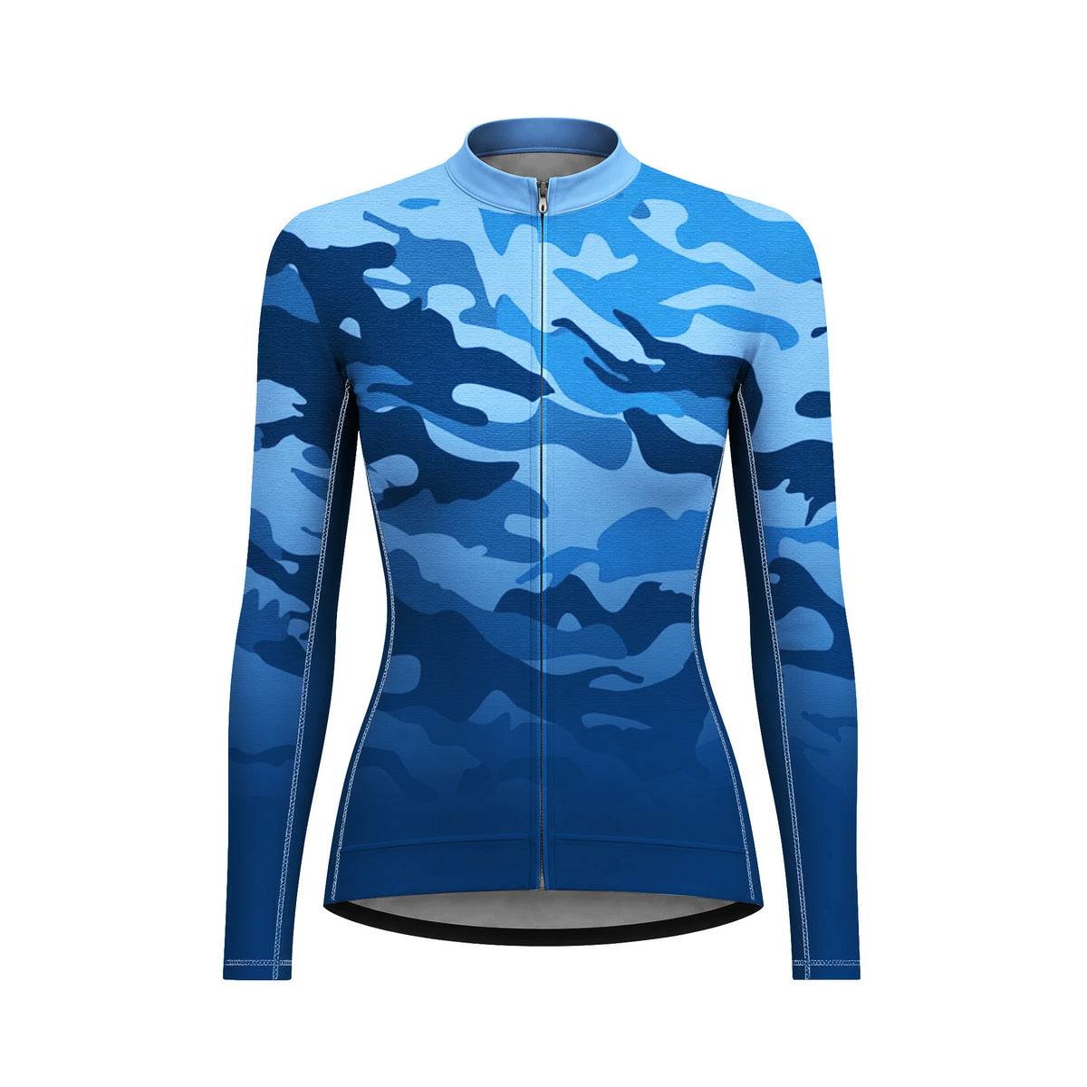 Front view flat shot of women full zip long sleeve cycling jersey with gradient blue camouflage print, 210g stretch bike top white background
