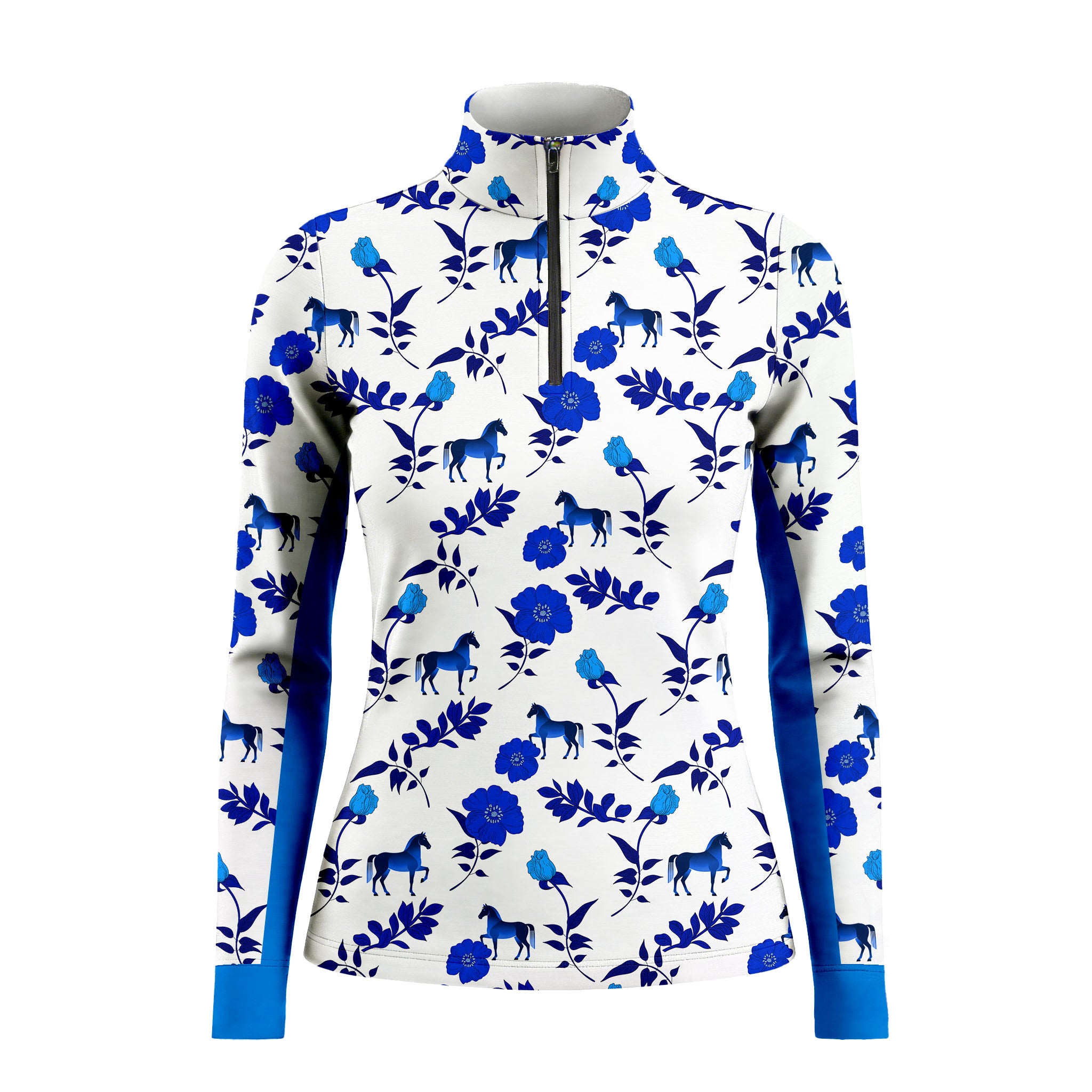 White background studio shot of full allover blue floral horse print riding top with royal blue side panels and cuffs