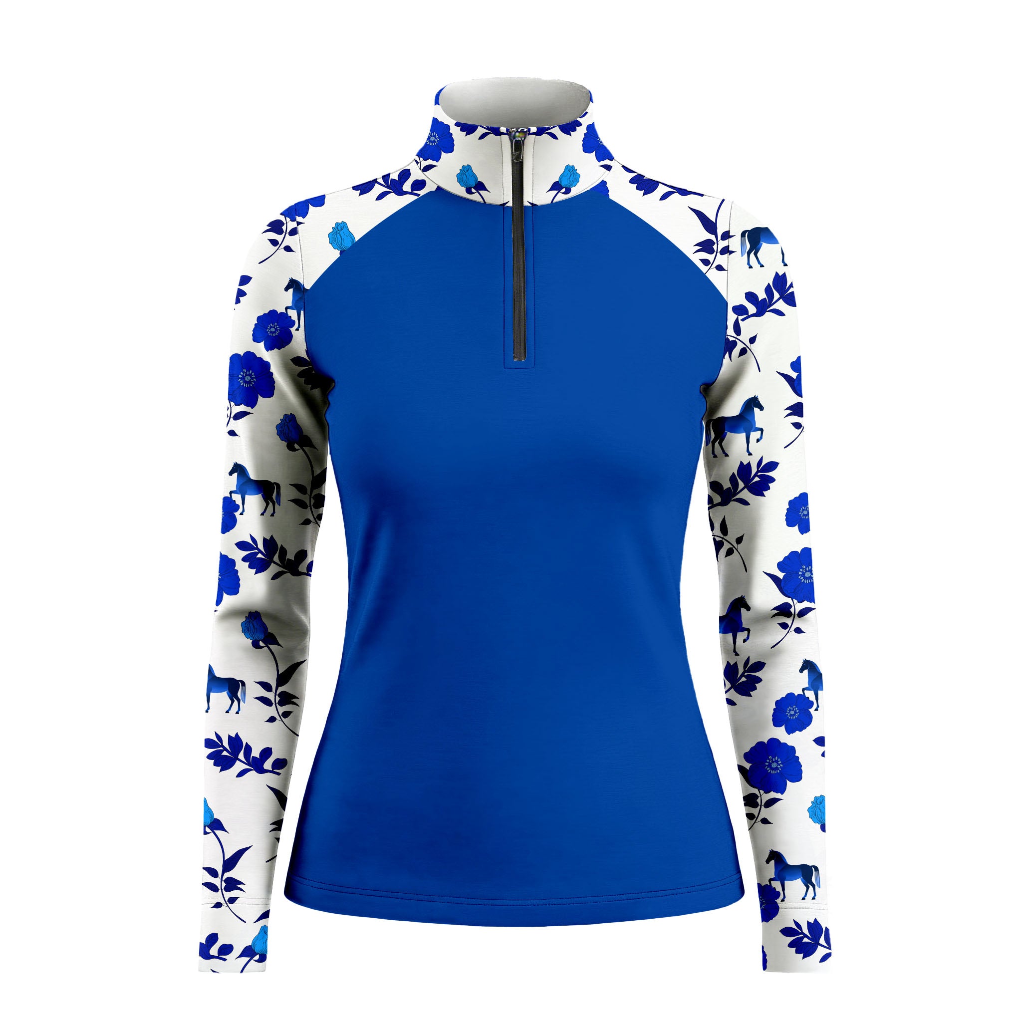 White background studio shot of solid royal blue torso raglan sleeve blue floral horse print long sleeve quarter zip riding top