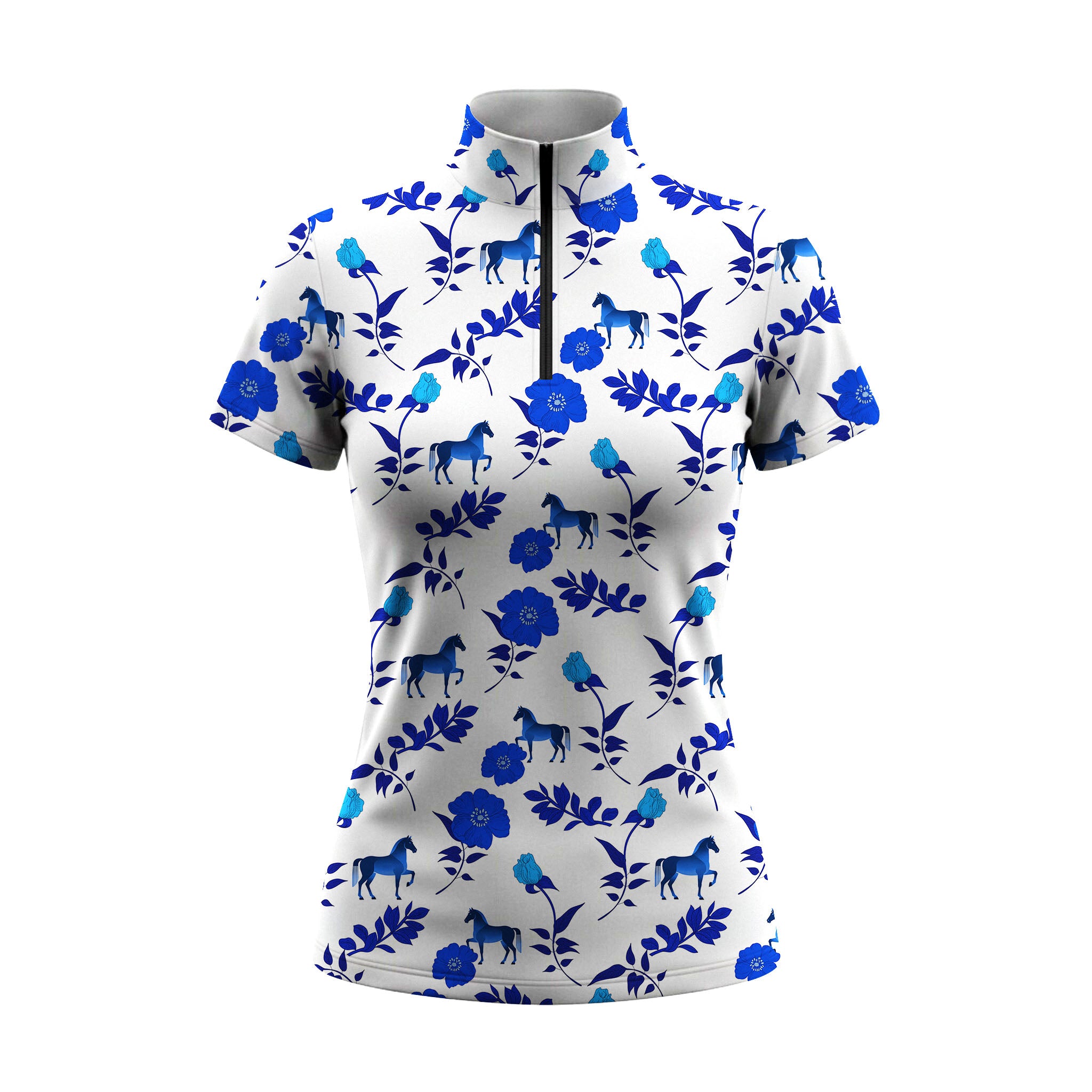 White background studio shot of off-white bright blue floral mini horse silhouette allover print short sleeve quarter zip riding top