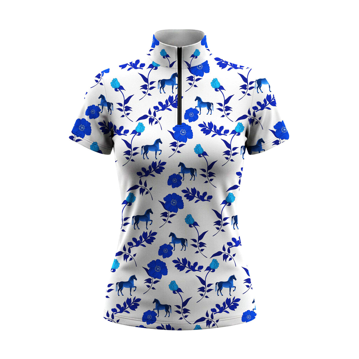 White background studio shot of off-white bright blue floral mini horse silhouette allover print short sleeve quarter zip riding top