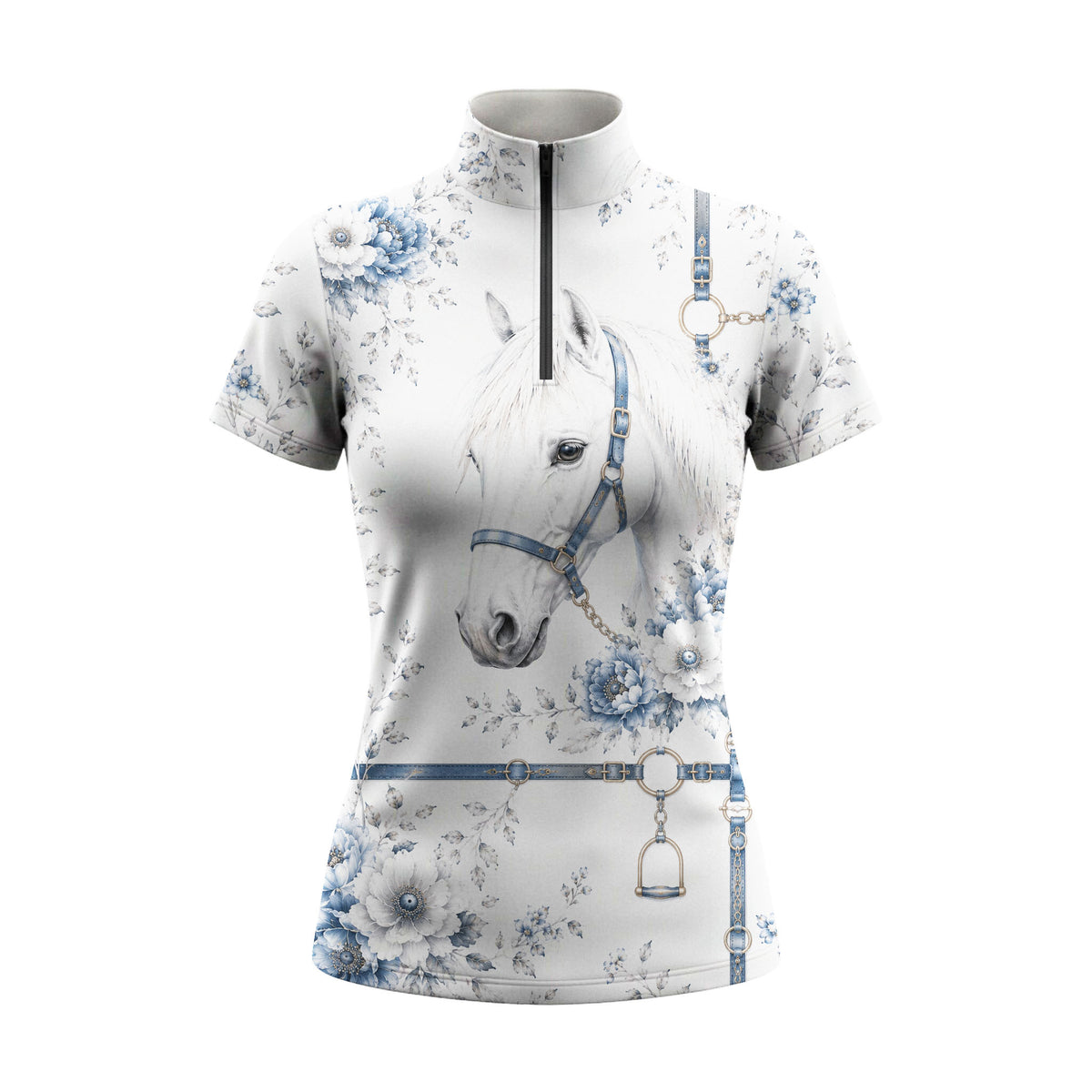 Studio flat view of the Blue Floral Horse Portrait & Tack Print Short-Sleeve Quarter-Zip Riding Top, showcasing the full print details
