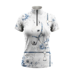Studio flat view of the Blue Floral Horse Portrait & Tack Print Short-Sleeve Quarter-Zip Riding Top, showcasing the full print details
