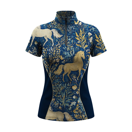 Studio flat view of the Blue & Gold Mythical Horse Floral Print Short-Sleeve Quarter-Zip Riding Top, showcasing the full print details
