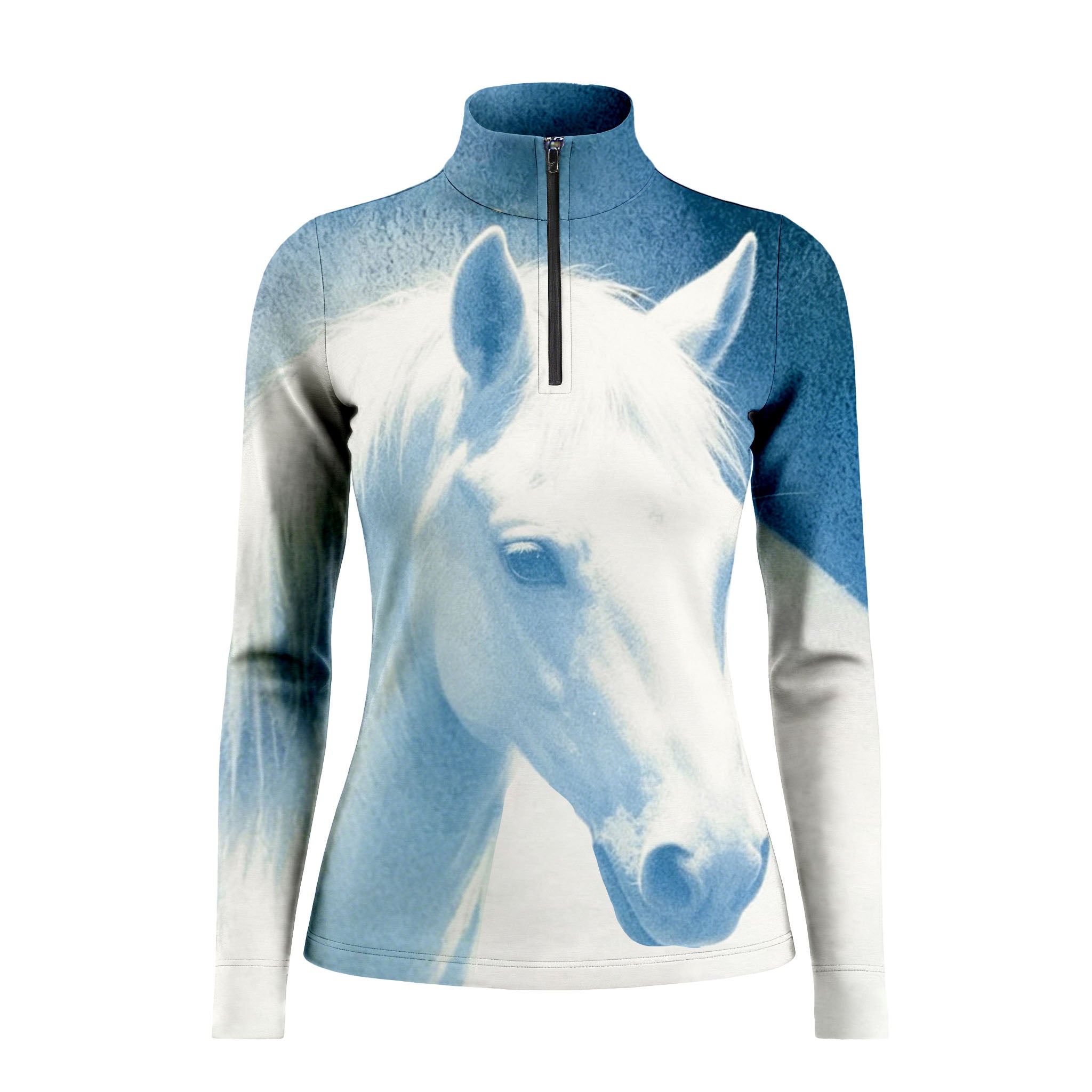 White background studio shot of blue textured gradient oversized photorealistic white horse portrait long sleeve quarter zip riding top