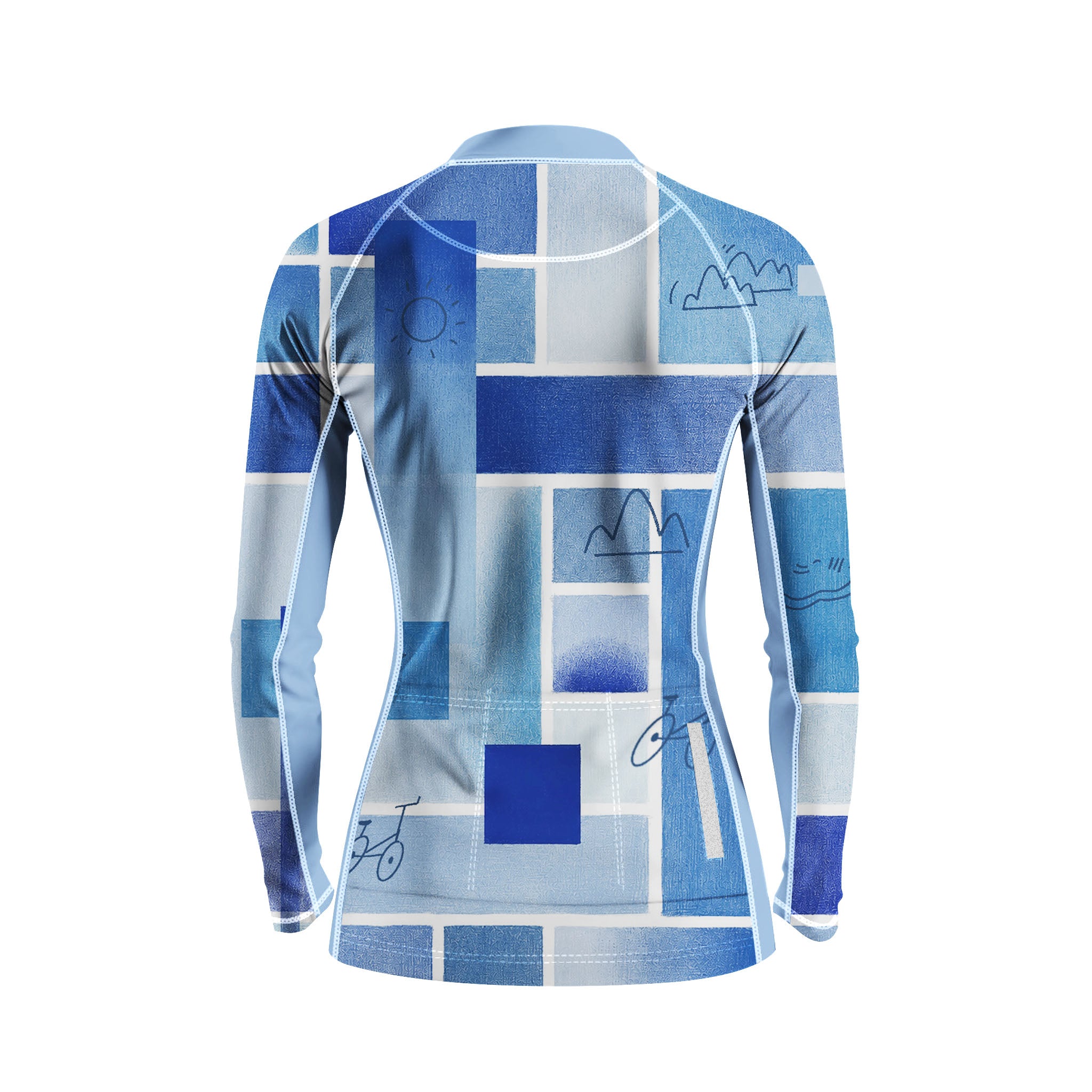 Back flat lay of women full zip cycling jersey full blue grid landscape line print, rear storage pocket and reflective strip detail white background
