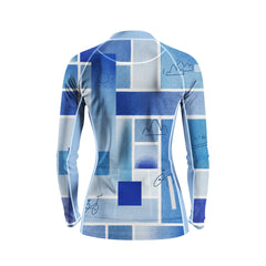 Back flat lay of women full zip cycling jersey full blue grid landscape line print, rear storage pocket and reflective strip detail white background
