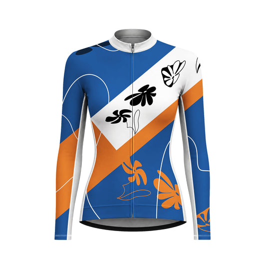 Front view flat shot of women full zip long sleeve cycling jersey with royal blue orange white diagonal color block and abstract flower print, off-white collar isolated white background
