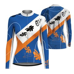 Back flat lay of women full zip cycling jersey diagonal color block abstract flower print, rear storage pocket and reflective strip detail white background
