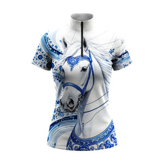 White background studio shot of white base blue chinese porcelain floral white horse allover print short sleeve quarter zip riding top