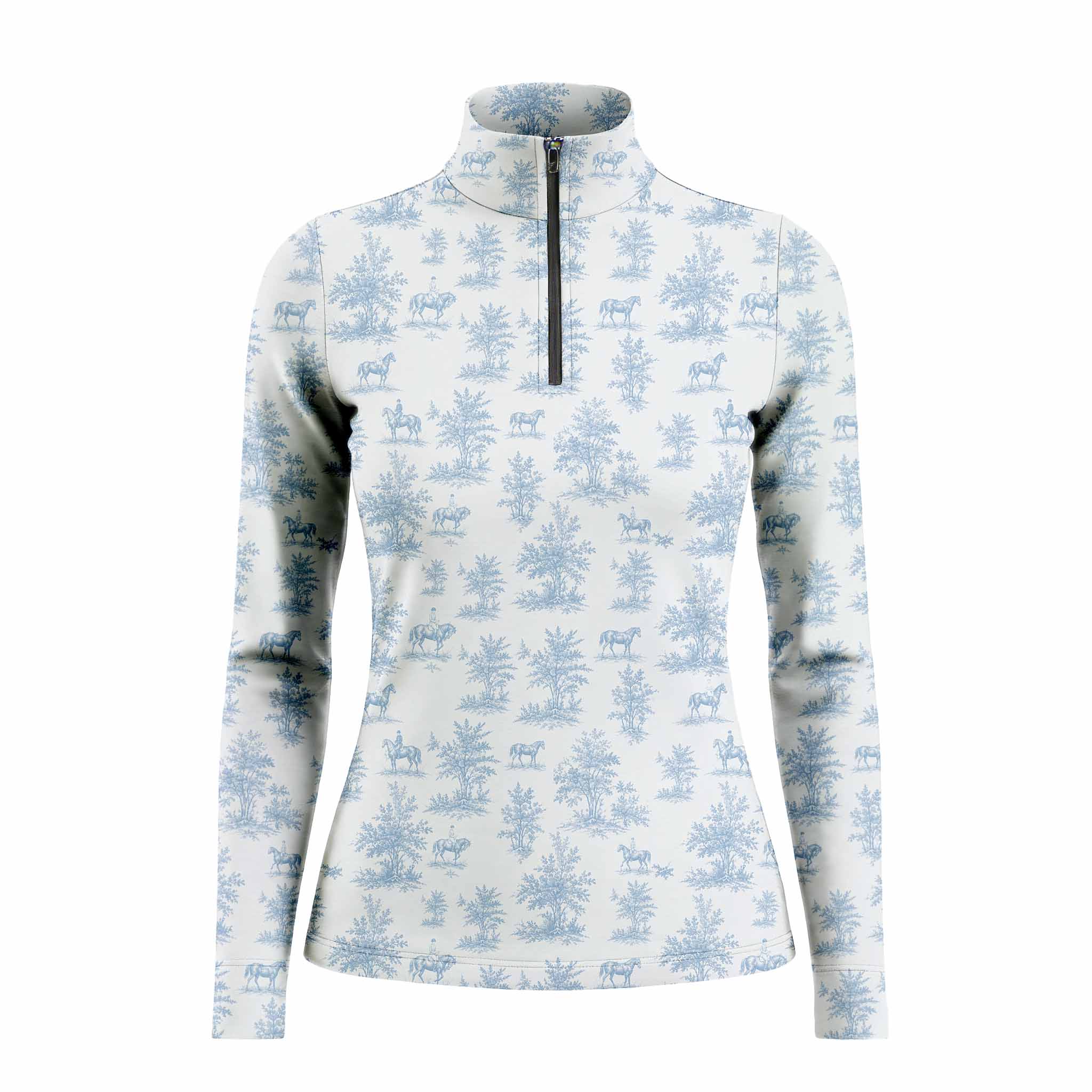 White background studio product shot showcasing full soft blue pastoral horse rider toile ditsy print on off-white long sleeve quarter-zip riding top
