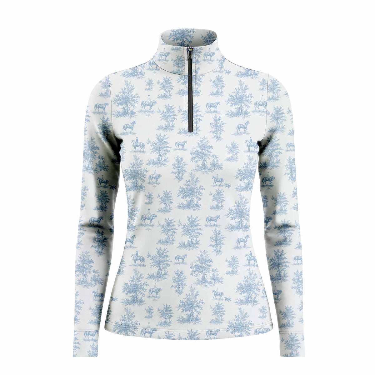 White background studio product shot showcasing full soft blue pastoral horse rider toile ditsy print on off-white long sleeve quarter-zip riding top
