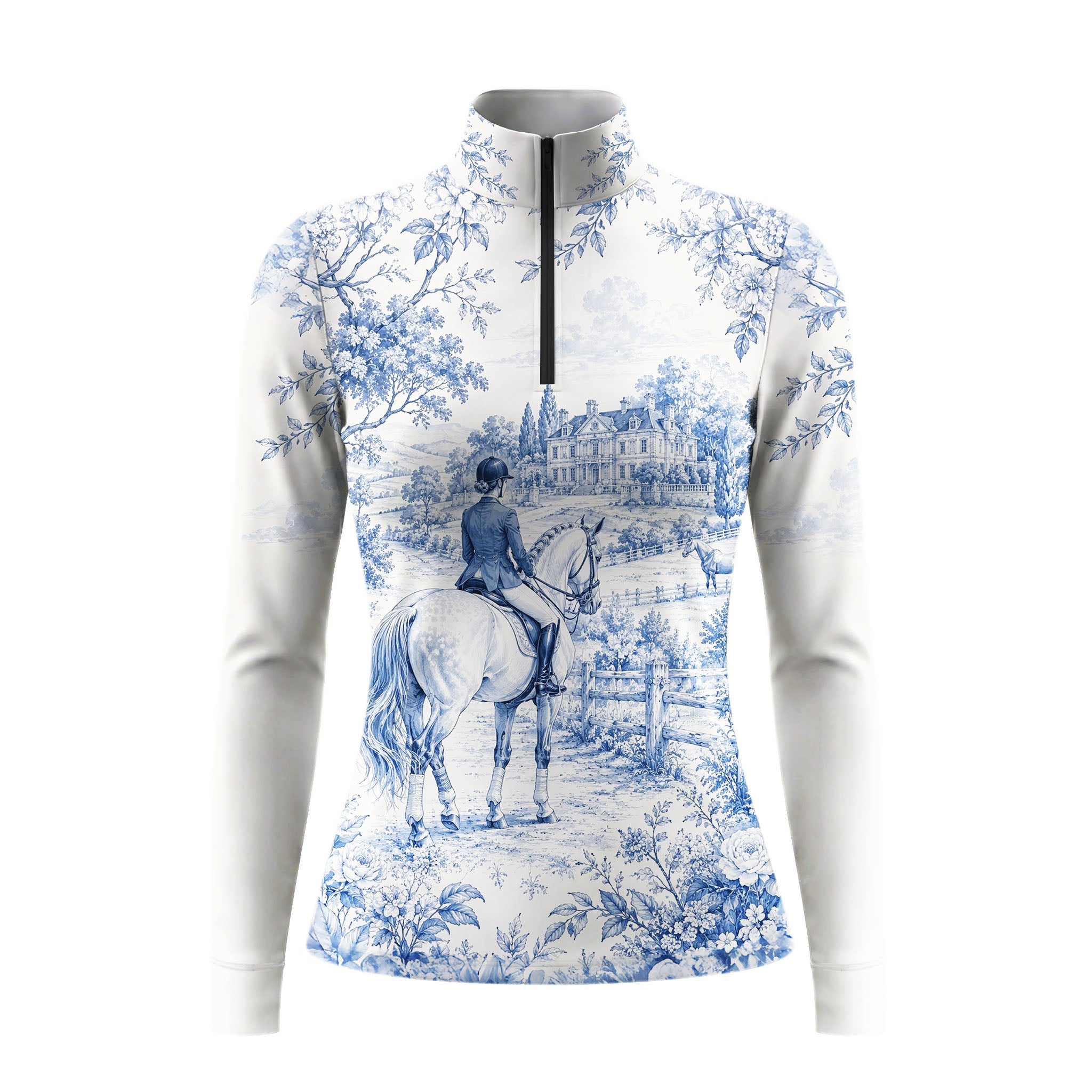 White background studio shot of soft off-white blue French toile manor rider landscape allover print long sleeve quarter zip riding top
