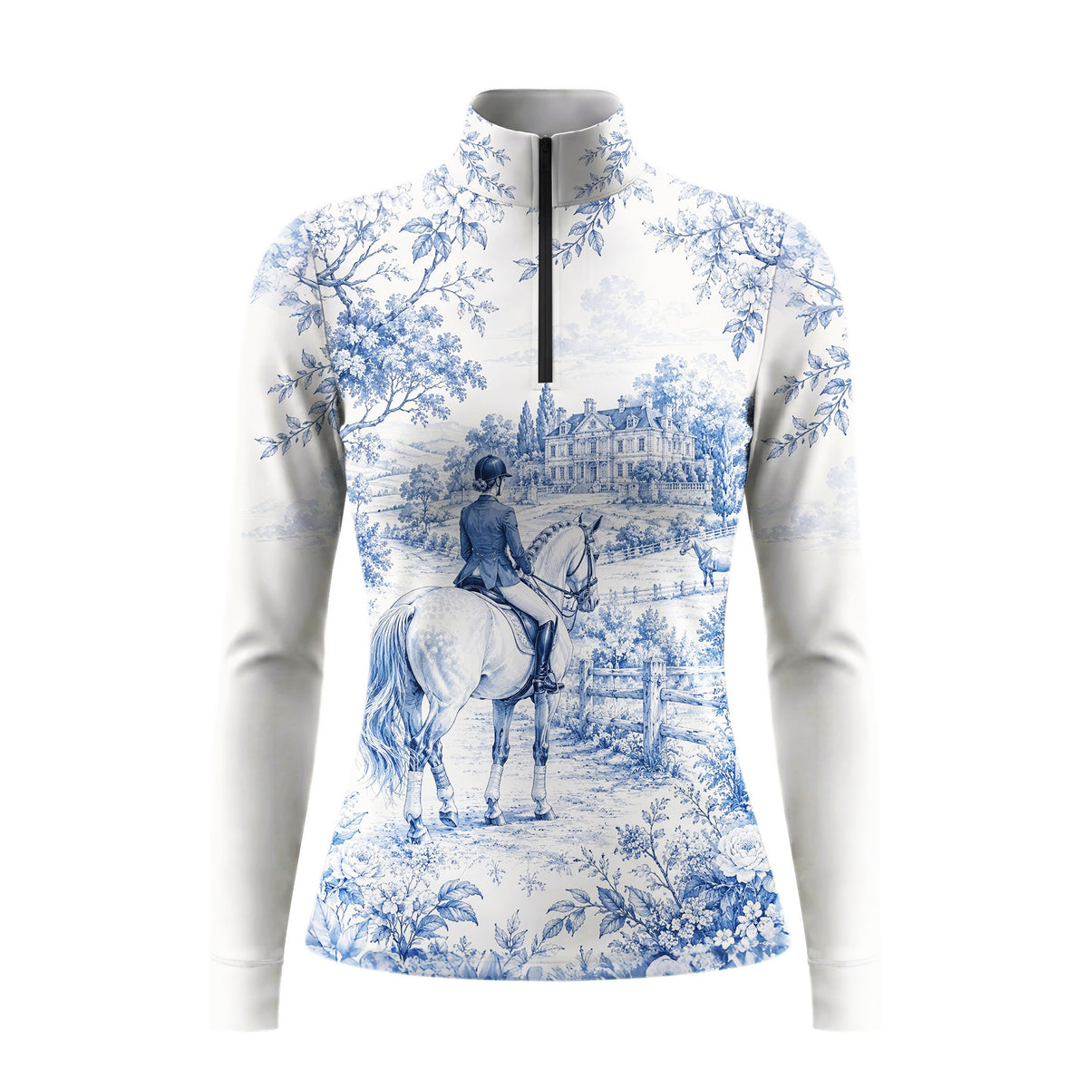 White background studio shot of soft off-white blue French toile manor rider landscape allover print long sleeve quarter zip riding top
