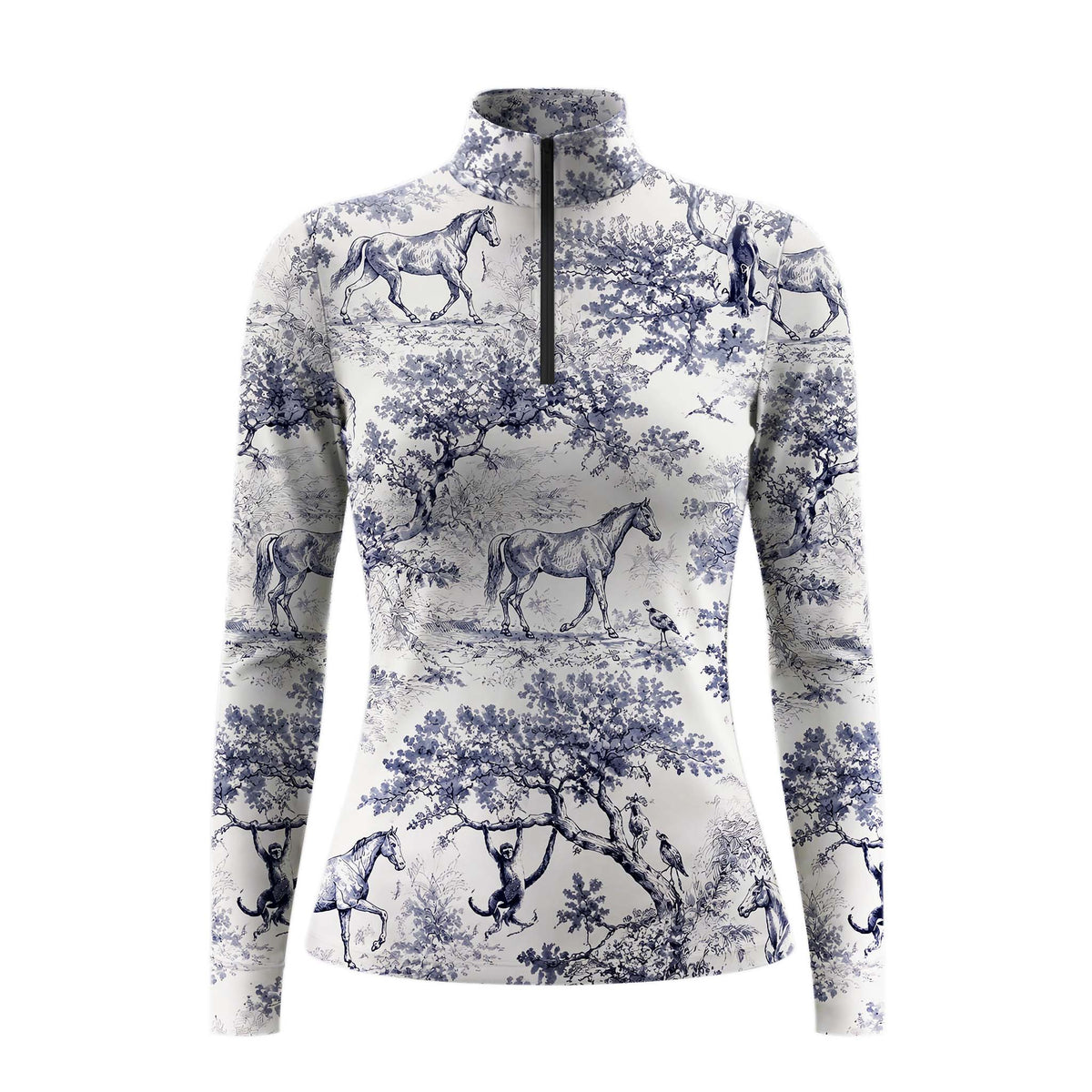 Clean white‑background studio mockup of blue toile de jouy woodland horse‑scene all‑over‑print long‑sleeve quarter‑zip riding top